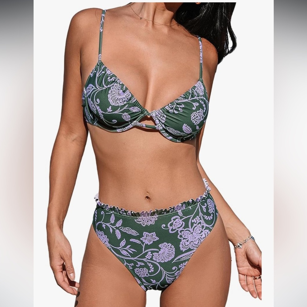 Cupshe Bikini Set Size Large | Underwire Top | High Waisted | Olive Floral (NWT)
